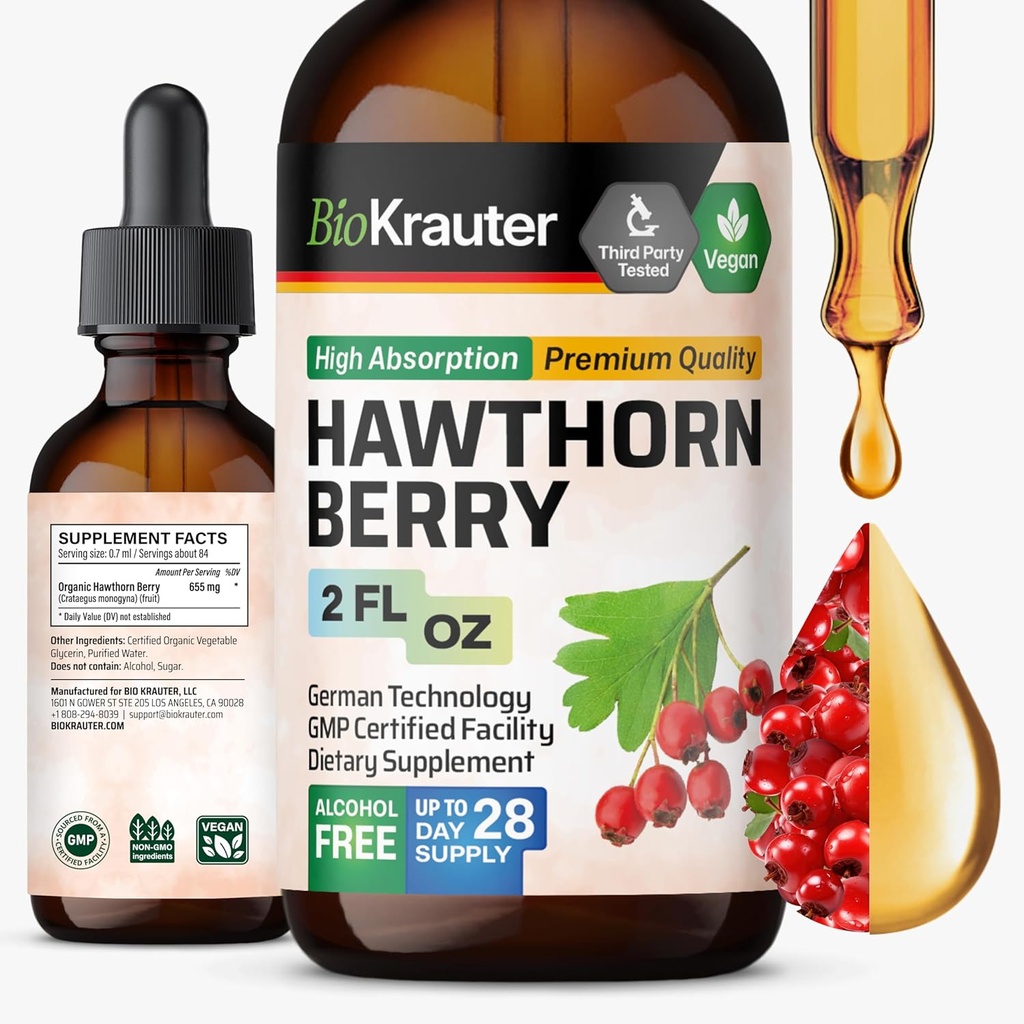 BIO KRAUTER® Hawthorne Berry Supplement - Pure Vegan Hawthorn Berry Vedelik tilgad 655 mg ühe serveerimise 2 Fl.Oz 28 päeva tarne - kasutatakse üldiseks toetuseks ja igapäevaseks heaoluks - alkohol ja suhkur tasuta