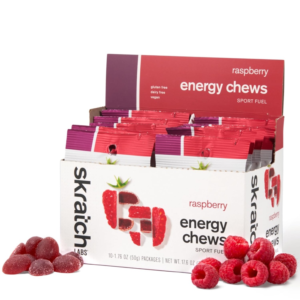 Skratch Labs Energy Chews | Gummies jooksmise, jalgrattasõidu ja spordi tulemuslikkuse | Gel Alternatiivne | Vaarika (10 Pack) | Gluteenivaba, vegan