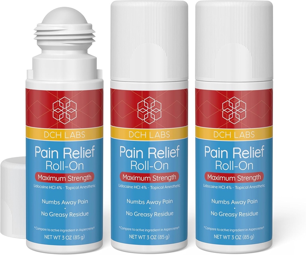Maksimaalne tugevuse valu leevendamine rullides, 3 oz väärtuse suurus, Lidocaine 4%, Numbs valu eemal, närvivalu (3 pakendit)