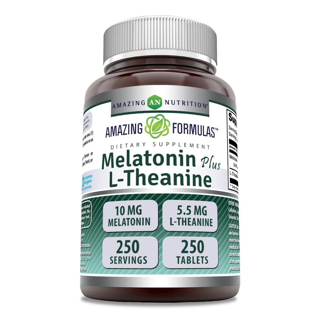 Amazing Formulas Melatoniin Plus L-Theanine 10 mg tabletid Supplement | Non-GMO | Gluteenivaba | Valmistatud USAs (10 mg, 250, Count)