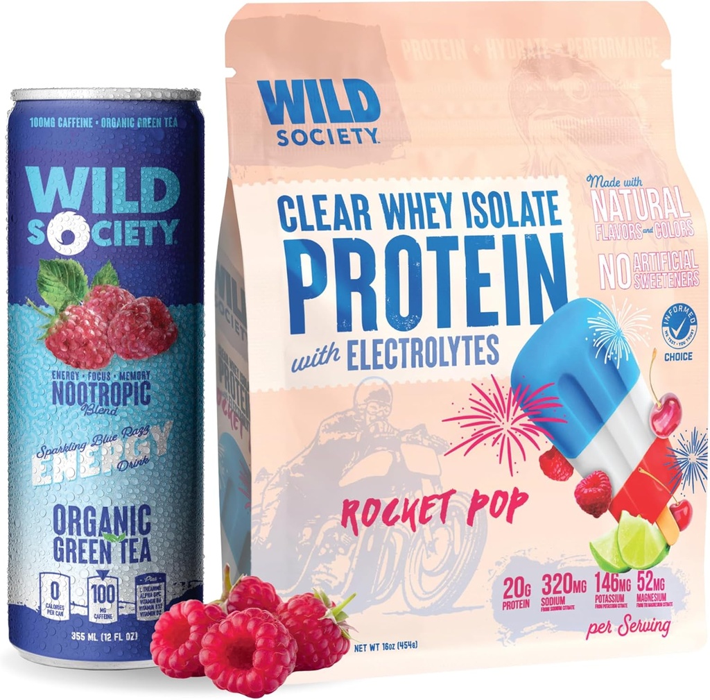 Metsik ühiskond Puhas isolaat + energiajook Super Combo - Rocket Pop Clear Vadak + Blue Razz energiajook