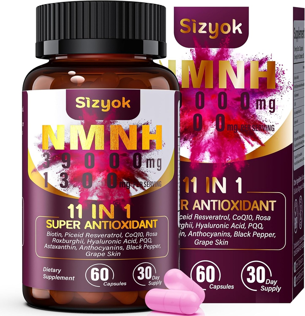NMNH lisand (dihüdronikotiinamiidmononukleotiid) 600mg,NAD Täiendus koos Resveratrooliga, CoQ10, Biotiin ja hüaluroonhape | Rakuenergia, ainevahetuse ja naha heaolu toetamine, 60 kapslit, roosa