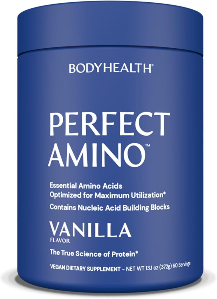 BodyHealth PerfectAmino Powder - BCAA ja EAA pulber pre ja post treening - Aminohappe energiajook meestele ja naistele, et toetada Lean lihaseid ja taastumist - Vanilla - 60 serveerimist