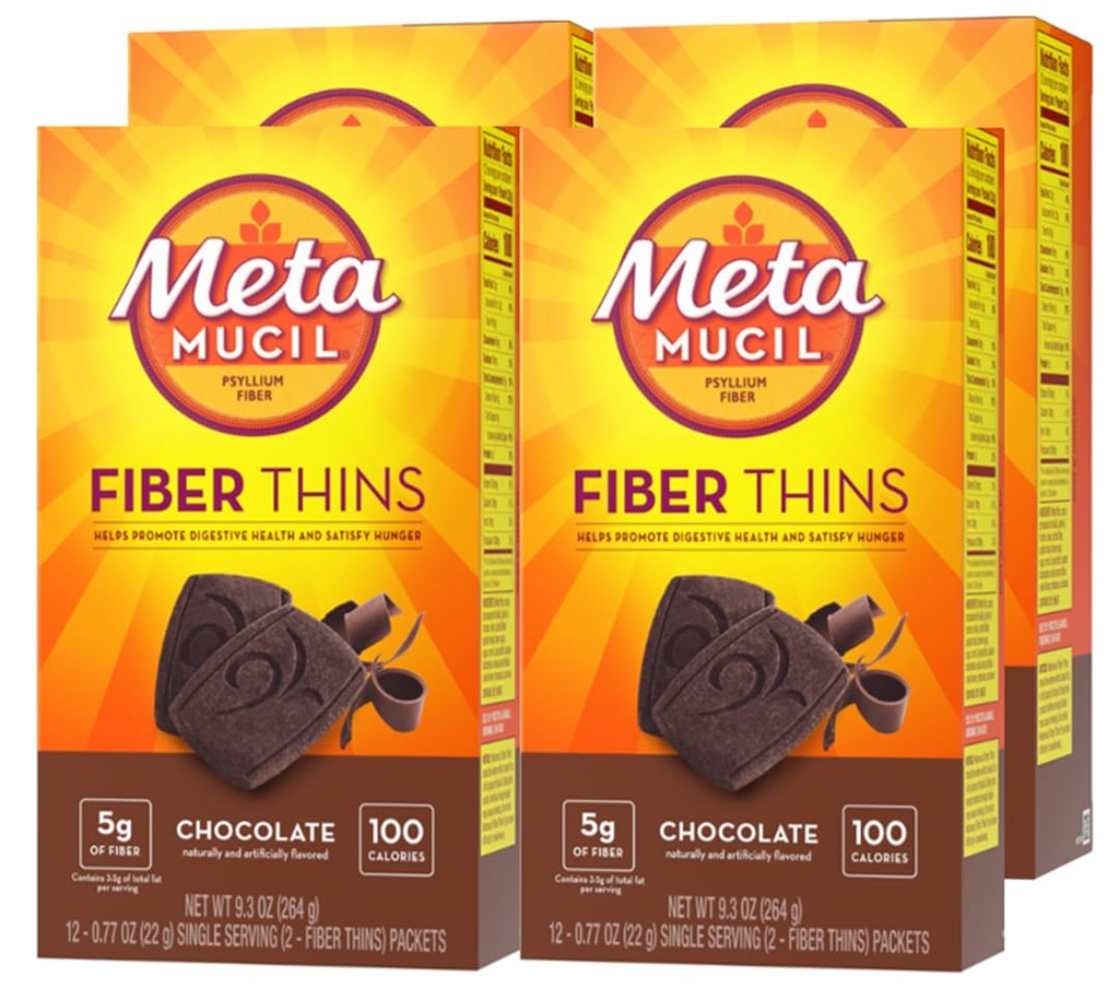 Metamucil, Fiber Thins, Daily Psyllium Husk Kiud Lisand, Toetab Seedetrakti Tervist ja Rahuldab Nälg, Šokolaadi Maitse, 48 Kokku Servings (4 Pakendid 12)
