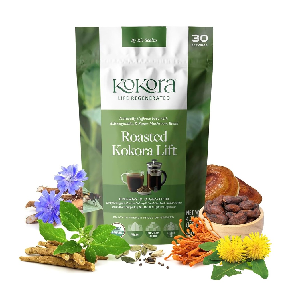 kokora - röstitud Kokora Lift - Dandelion, sigur, Ashwagandha juurepulber super seentega - energiat ja edendab tervislikku seedimist - Vegan, gluteenivaba, lisatud suhkruta - 30 serveerimist - 120 g