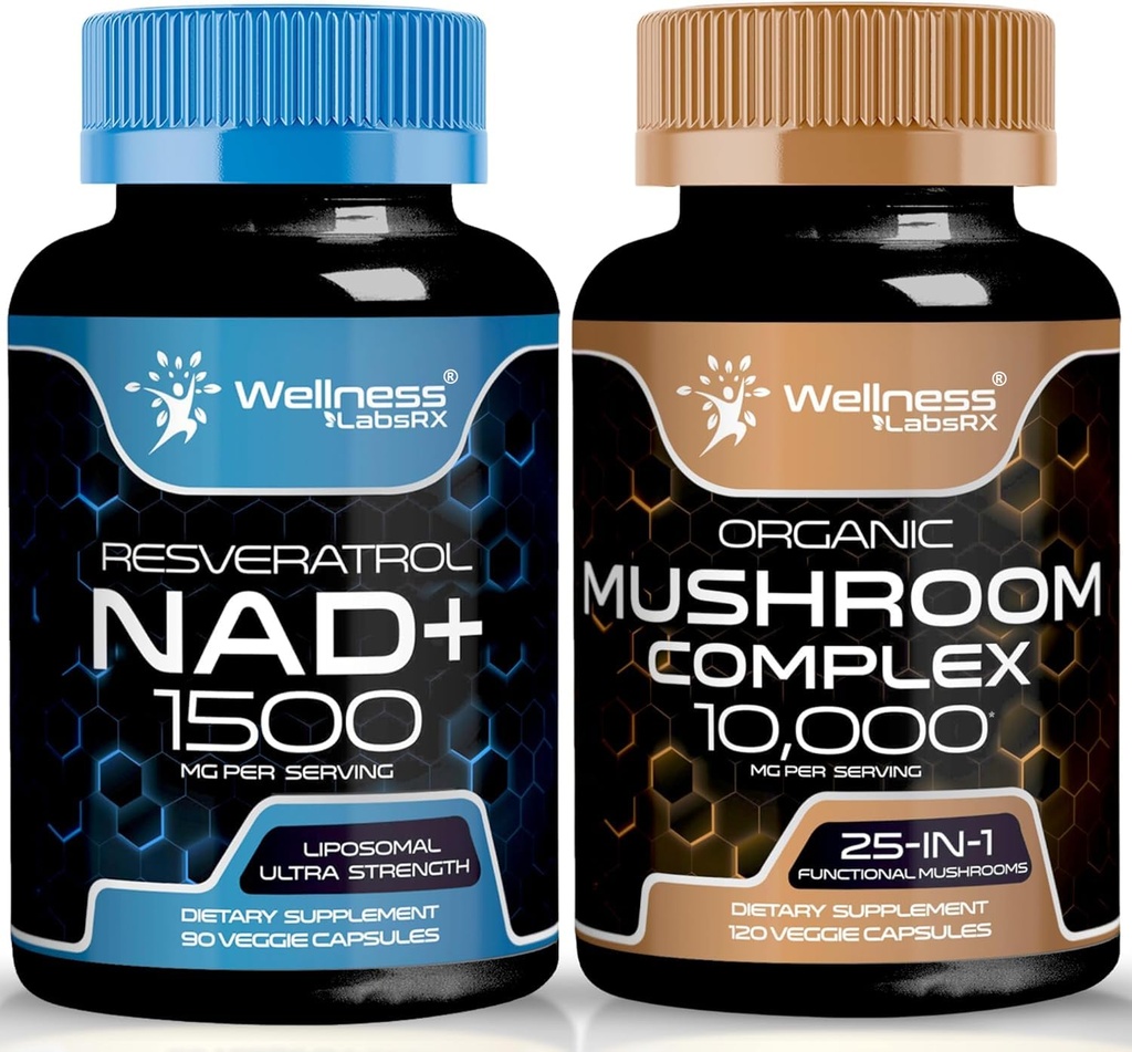WELLNESS LABSRX NAD Supplement, 1500mg - Liposomal NAD+ Täiendus koos Resveratrooliga | Orgaaniline seenelisa kapslid - 10000mg - 25 in 1 Seenekomplekskapslid