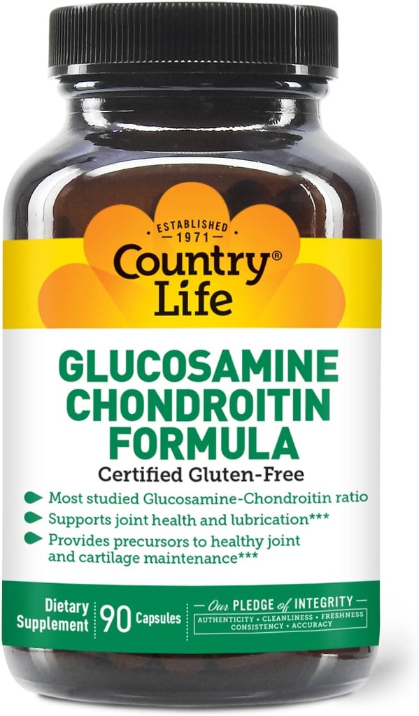 Country Life Glucosamine Chondroitin 1500mg/1200mg - Supports Joint Health & Lubrication - Maintains Healthy Cartilage, Tendon, Joint Tissue - Gluten Free, Non-GMO - 90 Capsules - for Adults
