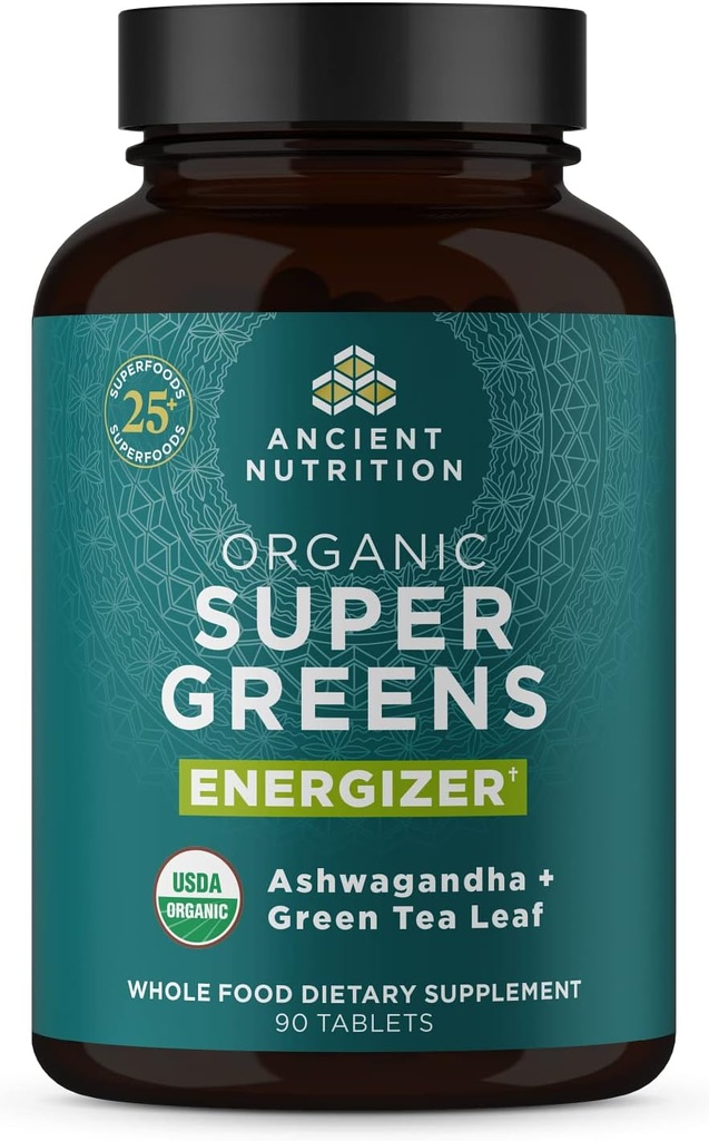 Ancient Nutrition Supergreens Energizer tabletid, orgaanilised supertoidu tabletid kofeiiniga, valmistatud tõelistest puuviljadest, köögiviljadest ja maitsetaimedest, seedetrakti ja energia toetamiseks, 90 Count