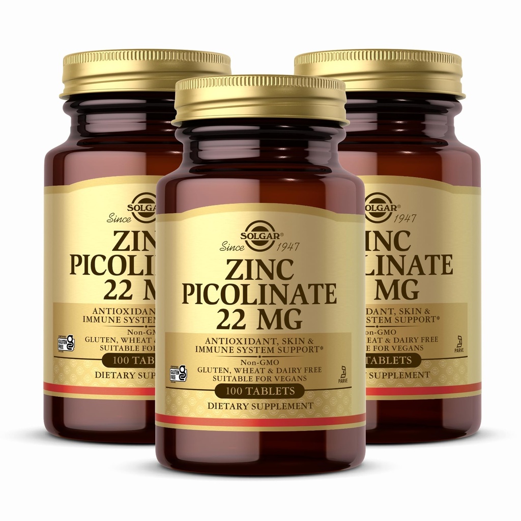 Solgar Tsink Pikolinaat 22 mg, 100 tabletti (3. pakk) - soodustab tervislikku nahka - toetab immuunsüsteemi, normaalset maitset ja nägemust - antioksüdante - mitte-GMO, vegan, gluteenivaba, kosher - 300 kokku