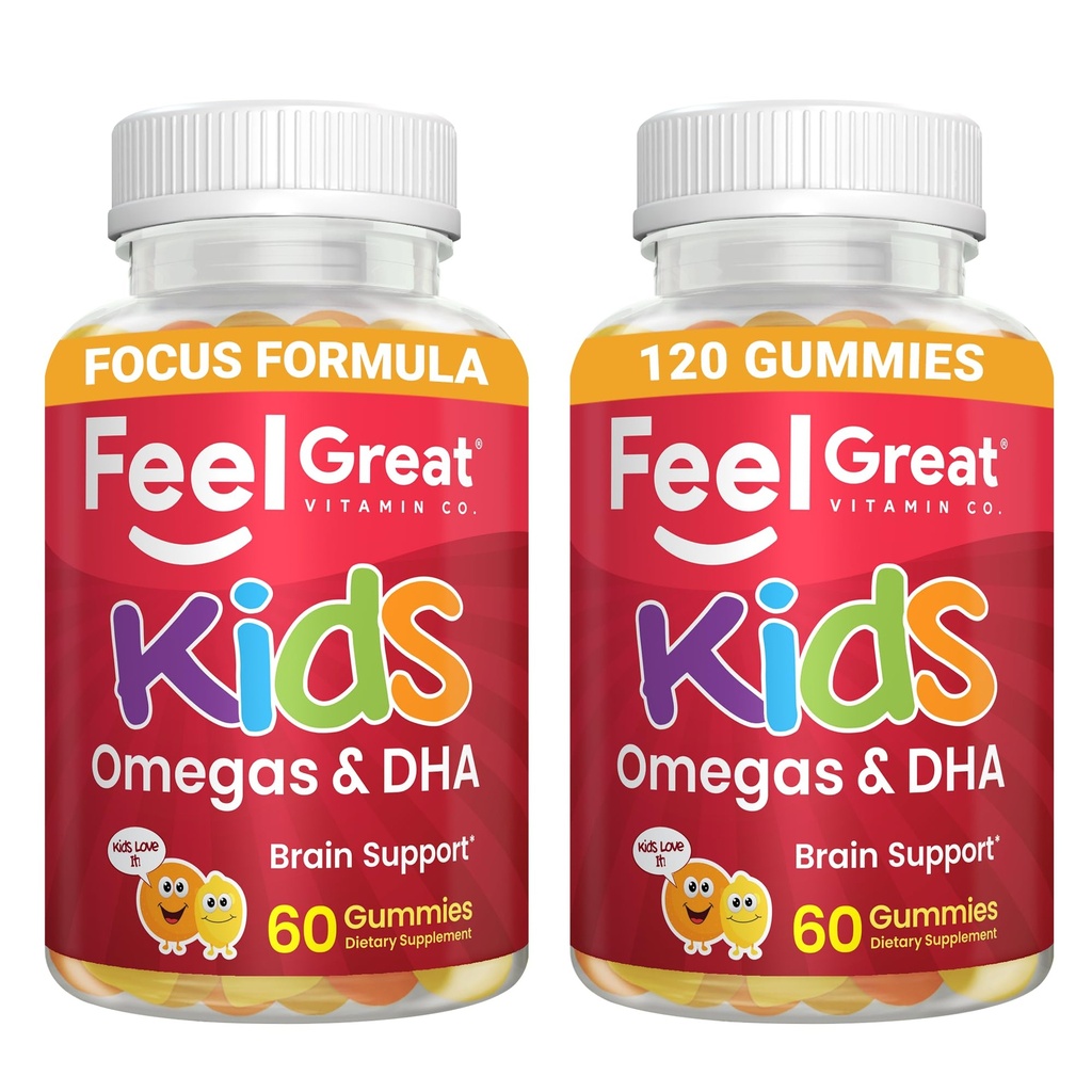 Feel Great Vitamiinid Lapsed DHA Gummies Omega 3 6 9, Vitamiin C (2-Pack) | Toetab tervislikku aju funktsiooni, visiooni ja südame tervist | Gluteenivaba, taimetoitlane | 60 Gummies