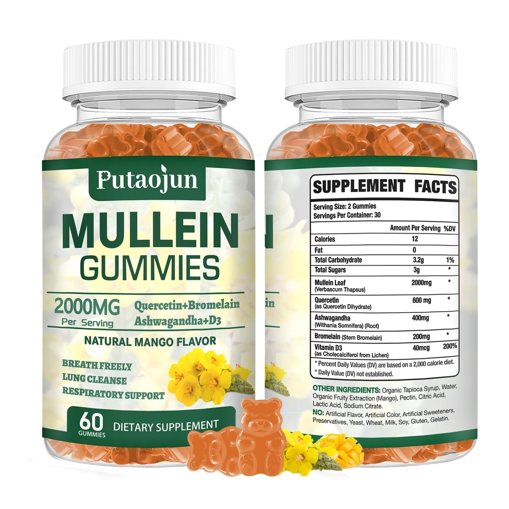 Mullein Gummies for Lung Cleanse | Organic Immune Support | 2000mg Respiratory Health Gummies | Mango Maitse, Non-Sticky | Lung Health, Sinus Relief | Mullein Leaf Extract | 1 Pack