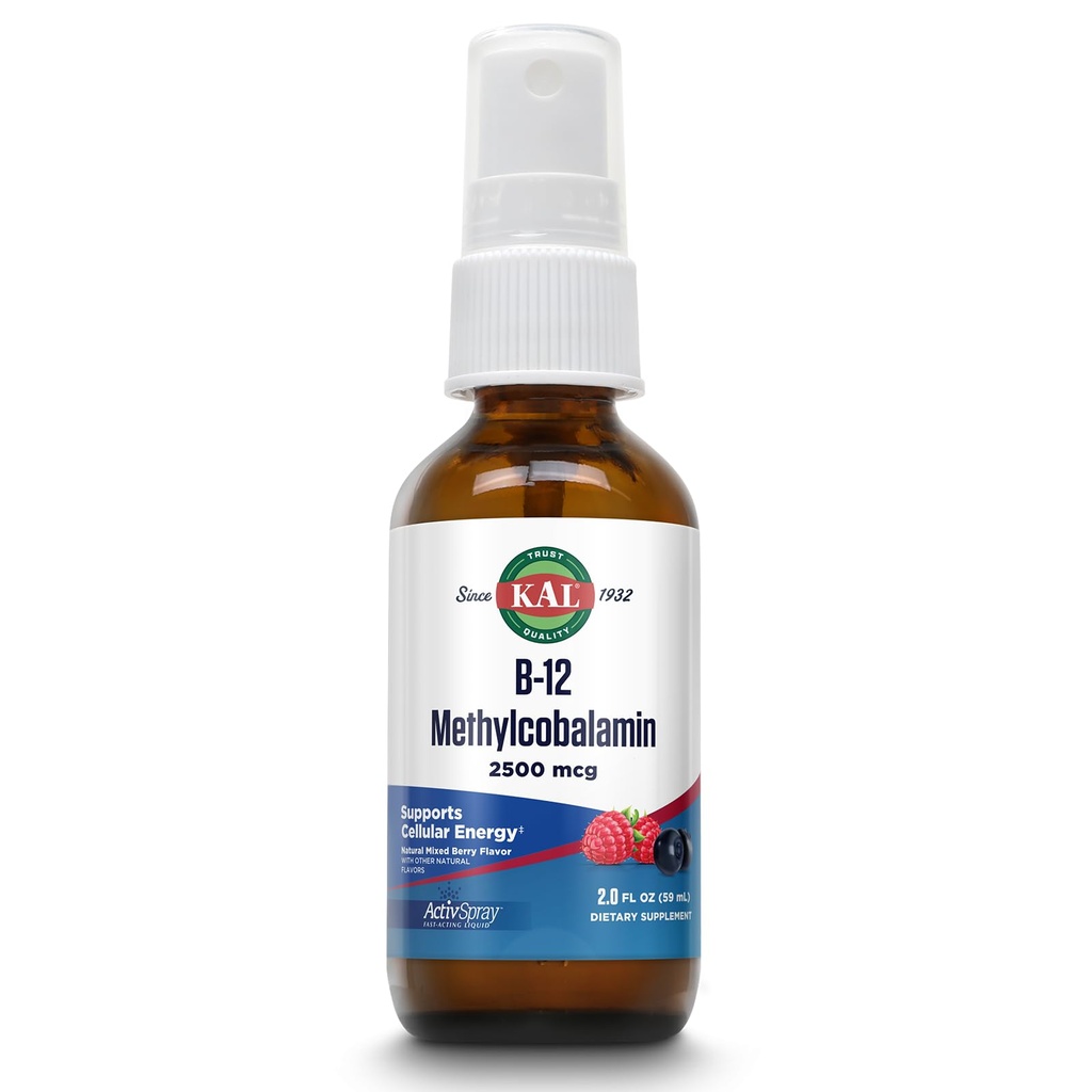 KAL Vitamiin B12 Metüülkobalamiin ActivSpray 2500mcg, tervislik energia, ainevahetus, närvide ja punaste vereliblede toetus, * kiiretoimeline vedelik B12, maksimaalne imendumine, looduslik marjamaitse, 80 serveerimist, 2 fl oz