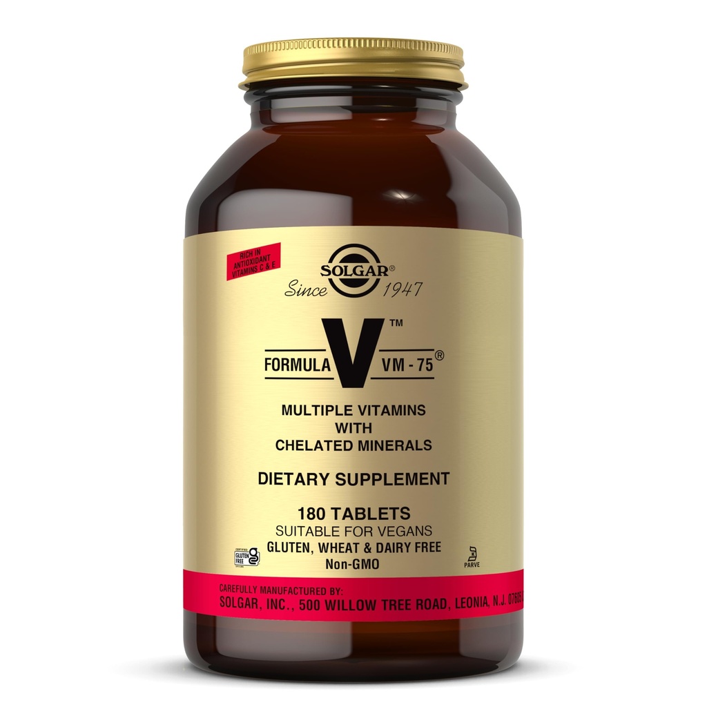 Solgar Formula VM-75, 180 tabletti - Multivitamiin kelaatsete mineraalidega - Vitamiin A, B6, B12, C, D, E - Biotiin, Magneesium, Kaltsium, Raud, Tsink - Vegan, Gluteenivaba, Piimavaba, Kosher - 180 Servings