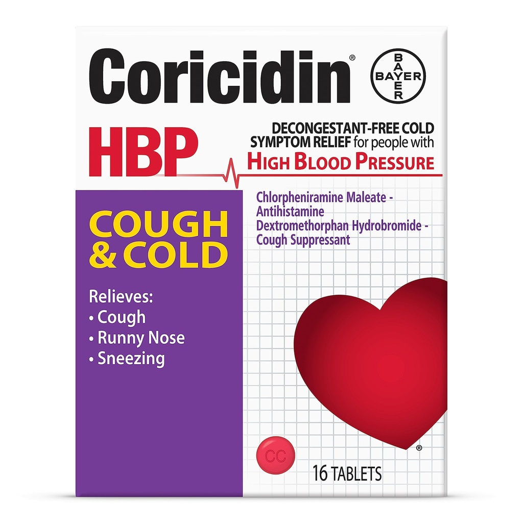 Coricidin HBP dekongestant-vaba köha ja külm meditsiin - spetsiaalselt kavandatud leevendus kõrge vererõhk, köha, runny nina, aevastamine ja külma sümptomid (16 Count)