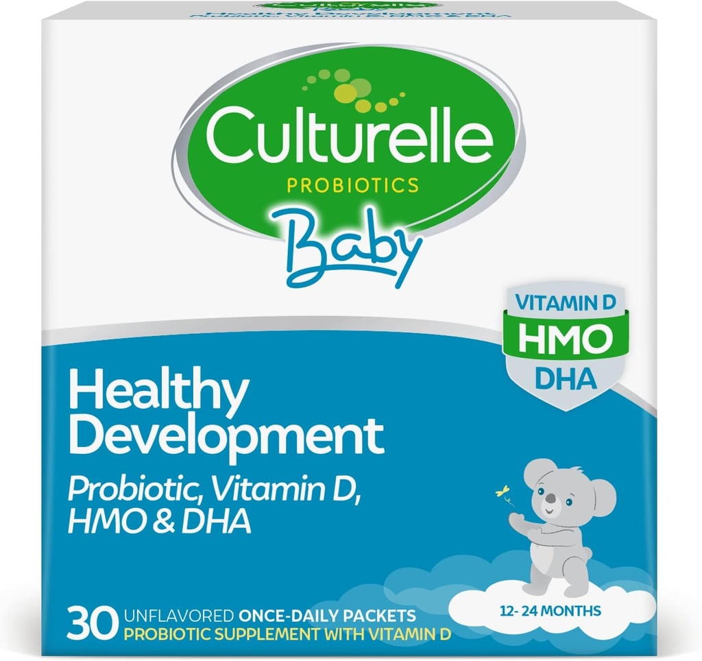 Kultuur Beebi Tervislik areng Probiootikum, Vitamiin D, HMO ja DHA paketid, aitab edendada tervislikku immuunsüsteemi ja seedesüsteemi * imikutel ja lastel vanuses 1+, gluteenivaba ja mitte-GMO, 30 loendit (pakk 1)