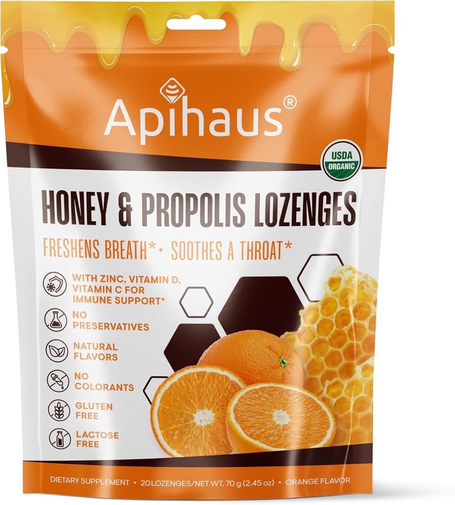 Honey ja Propolis Lozenges Oranž maitse, värskendab hingeõhk - rahustab kurgu-immuunsüsteemi tugi C-vitamiini, D-vitamiini ja tsink, 20 loend