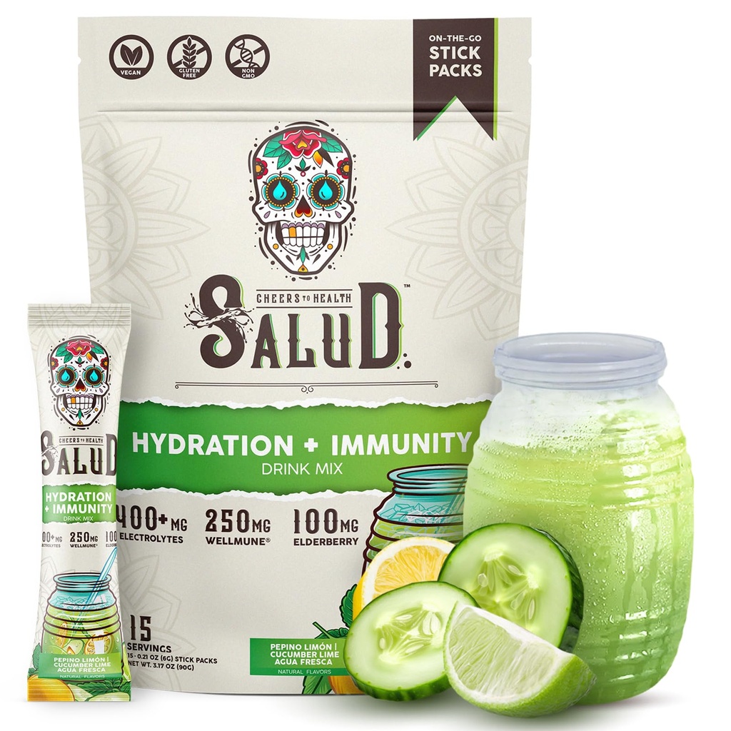 Salud 2-in-1 hüdratsioonipaketid + immuunsus elektrolüütide pulber, kurgilubi - Agua Fresca joogisegu, leedrimarja, piimatoodete ja sojavaba, GMO-vaba, vegan, madala kalorsusega, 1 g suhkur (15 serveerimist)