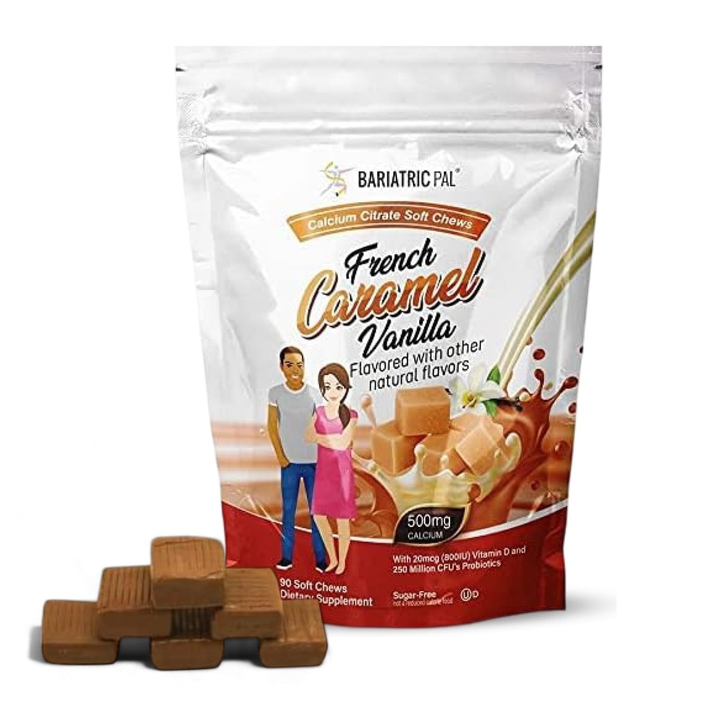 BariatricPal Sugar-Free Calcium Citrate Pehmed Juustud | 500mg D-vitamiini ja probiootikumidega | Prantsuse karamelli Vanilla | 90 Count (1 kuu pakkumine)