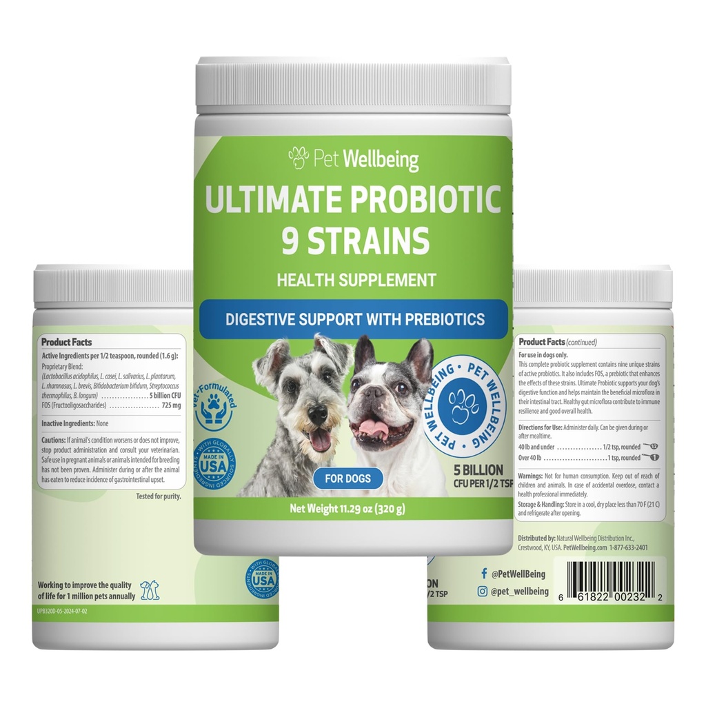 Lemmikloomade heaolu Ultimate probiootikum 9 tüved koertele ja kassidele - toetab soolestiku mikrobioomi ja seedimist, immuunsüsteemi hooldust, kuseteede tervist, FOS, 2,5 miljardit CFU - 11,29 oz (320 g) pulber