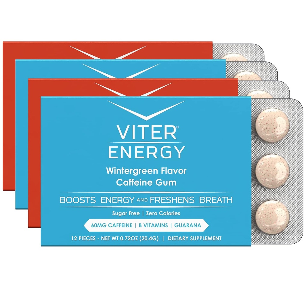Viter Energy Kofeiinitud Gum 60mg Kofeiin, B Vitamiinid, Guarana, Suhkruvaba. (Variety, 12 tk, 4 tk)