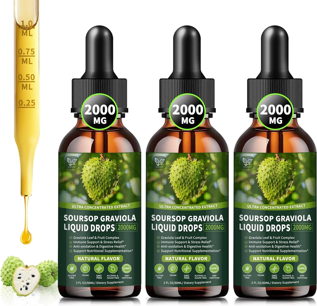 (3 Pack) Soursop Graviola Liquid Drops 2000mg , 98% Absorption for Cell Support & Regeneration , Immune Boost , Maks , Herbal Goodness , Soursop Bitters Vedel- Suhkru / Gluteenivaba , looduslik maitse , 6 Fl Oz