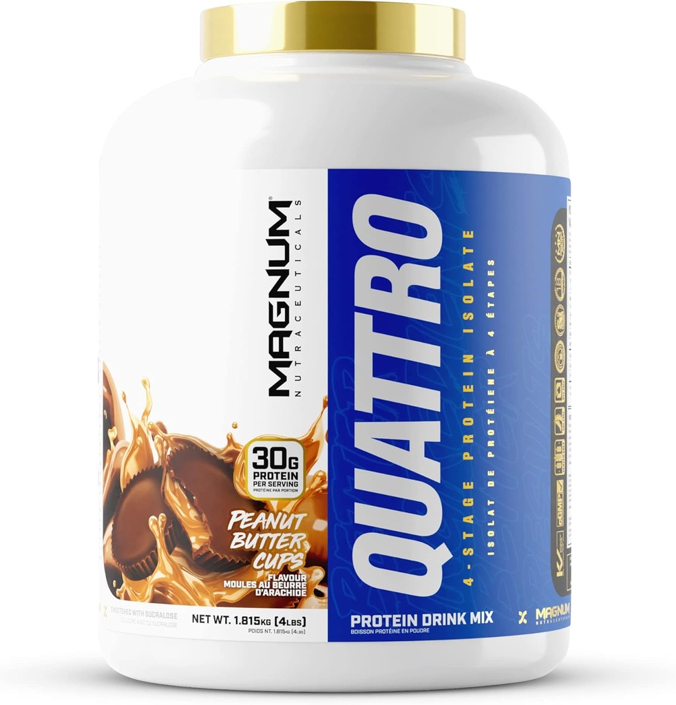 Magnum Nutraceuticals Quattro vadakuvalgu pulber, maapähklivõi karikas 4lb – Premium valgu isolaatsegu lihaste kasvuks ja taastumiseks
