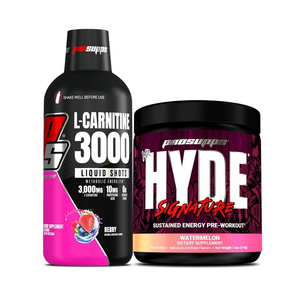 PROSUPPS L-karnitiin 3000 Stimulant Free Vedel Shots (31 Servings, Berry) ja Mr. Hyde Signature Series Pre-Workout Energy Powdered Drink (30 Servings, Arbuus)