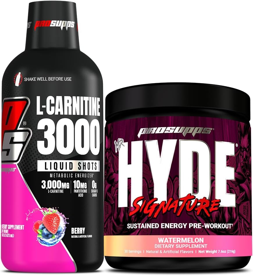 PROSUPPS L-karnitiin 3000 Stimulant Free Vedel Shots (31 Servings, Berry) ja Mr. Hyde Signature Series Pre-Workout Energy Powdered Drink (30 Servings, Arbuus)