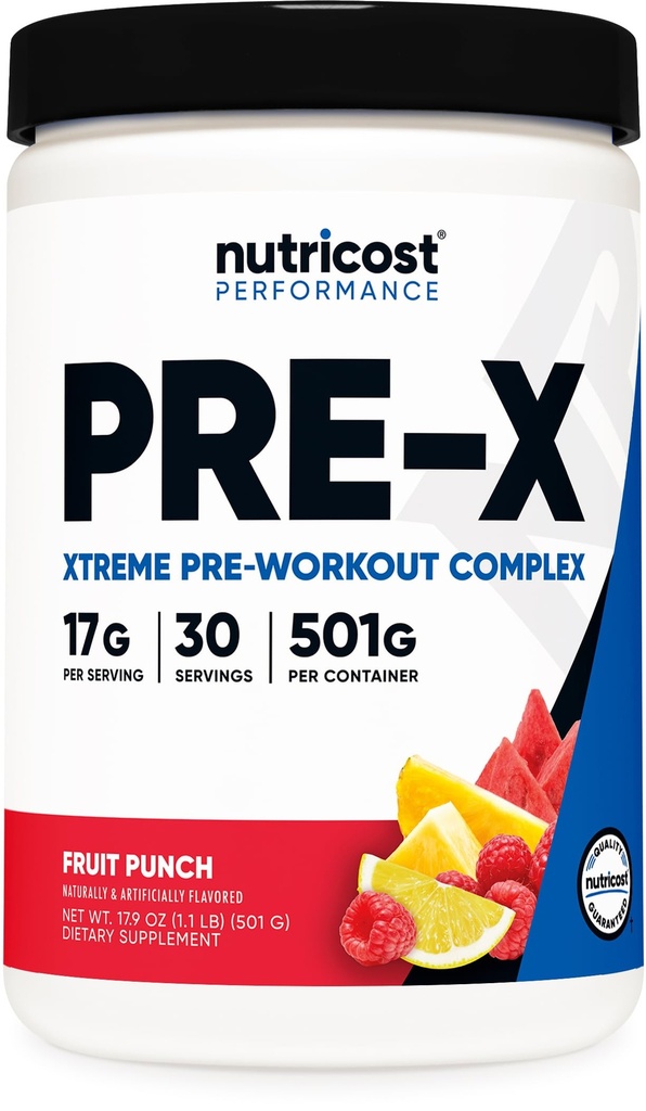 Nutricost Pre-X Xtreme Pre-Workout Complex Pulber, Fruit Punch, 30 Servings, Taimetoitlane, Mitte-GMO ja Gluteenivaba