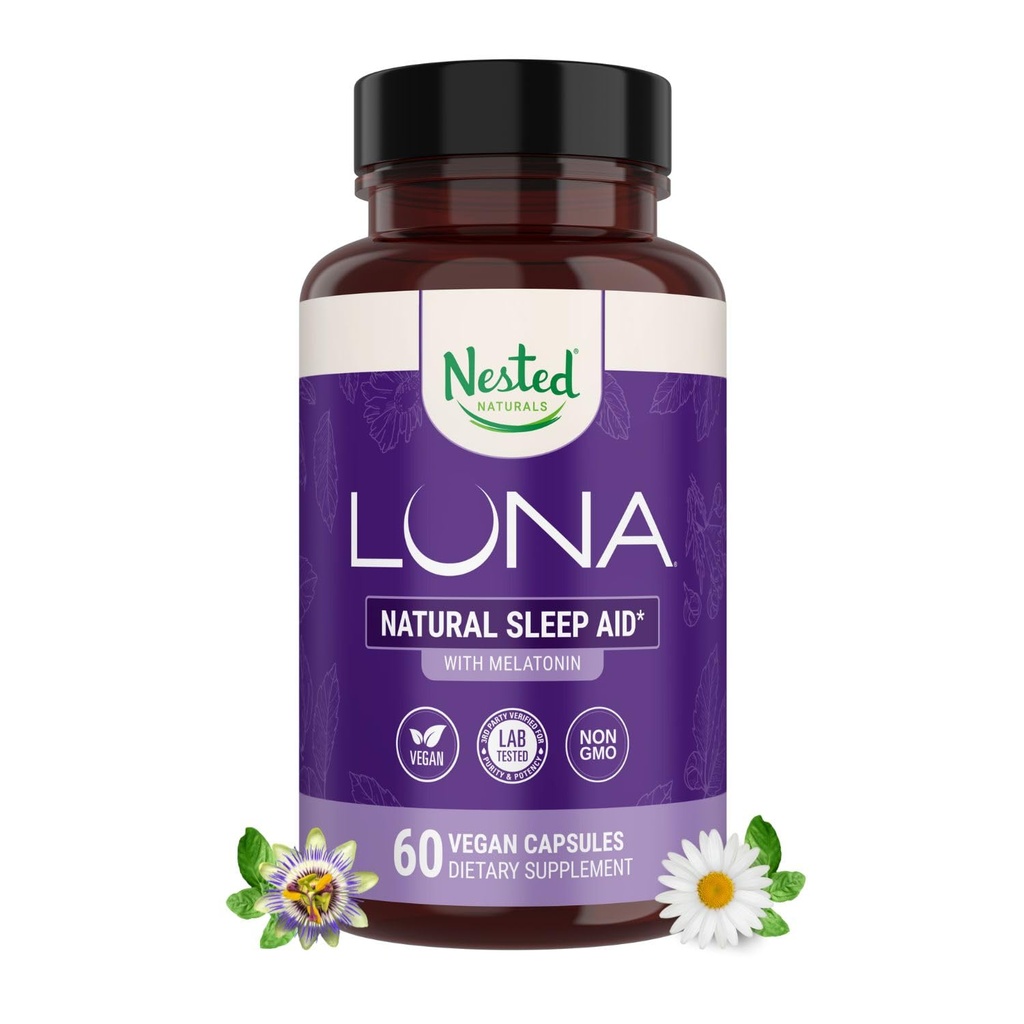 Nested Naturals Luna Uneabi - Loodusliku päritoluga koostisosadega täiskasvanutele mõeldud looduslikud unepillid - Valerian Juur, Melatoniin, Kummel, Sidrun Balm ja rohkem - 60 vegankapslit