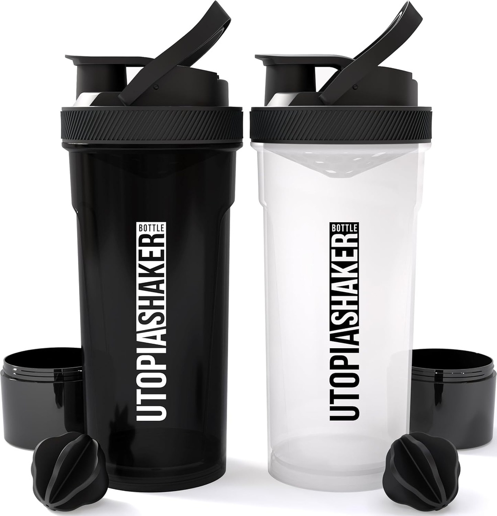 Utopia Home Shaker Bottle 2 Pack - 24 Ounce Plastikvalk või kokteil Shaker Pudel Pre & Post treeningu Twist & Lock Protein Box Storage (All Black & Clear / Black)
