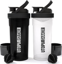 Utopia Home Shaker Bottle 2 Pack - 24 Ounce Plastikvalk või kokteil Shaker Pudel Pre & Post treeningu Twist & Lock Protein Box Storage (All Black & Clear / Black)