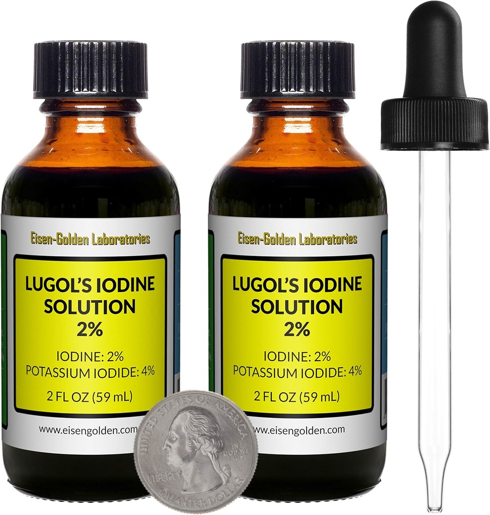 Lugoli jood / 2% lahus / 4 Oz kahes merevaigukollases klaasist pudelis / tasuta tilgad / USA
