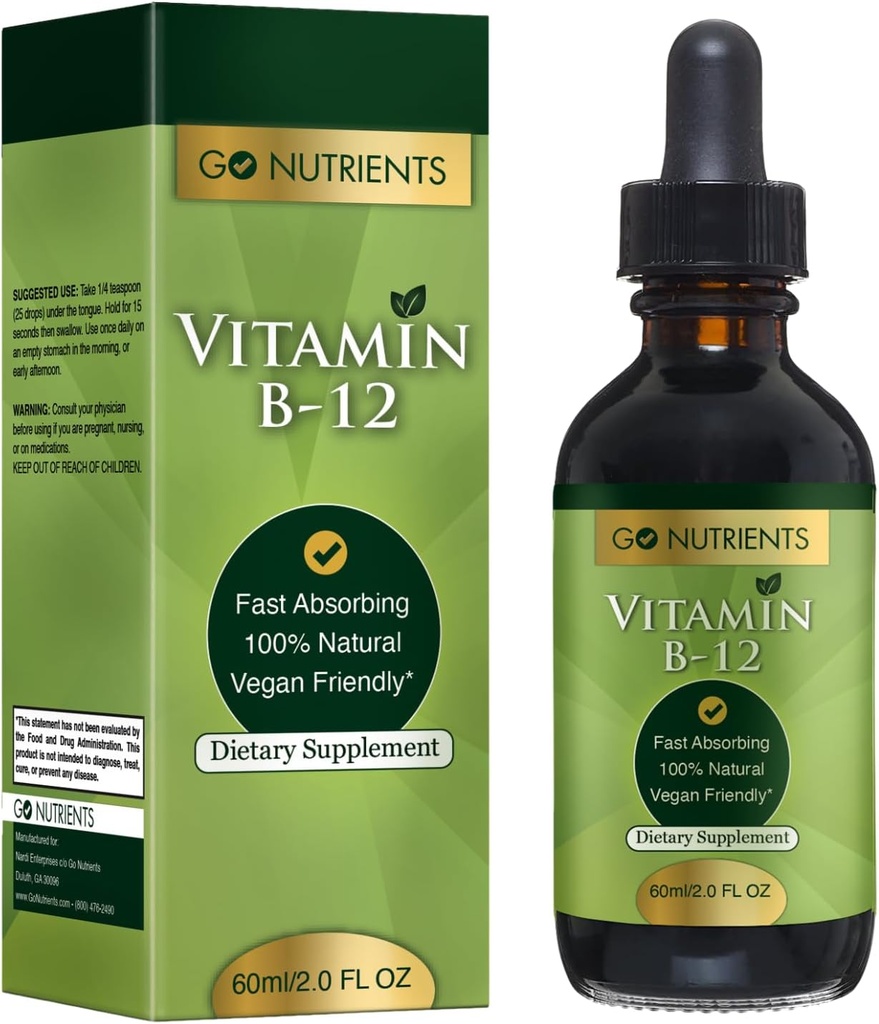 Go Toitained Vitamiin B12 Sublingvaalne Metüülkobalamiin - B-12 Vedelik tilgad 3000mcg, Orgaaniline Vaarika Maitse, Vegan - toetab energiat, närvide tervist ja punaste vereliblede moodustumist - 2oz (48 Servings)