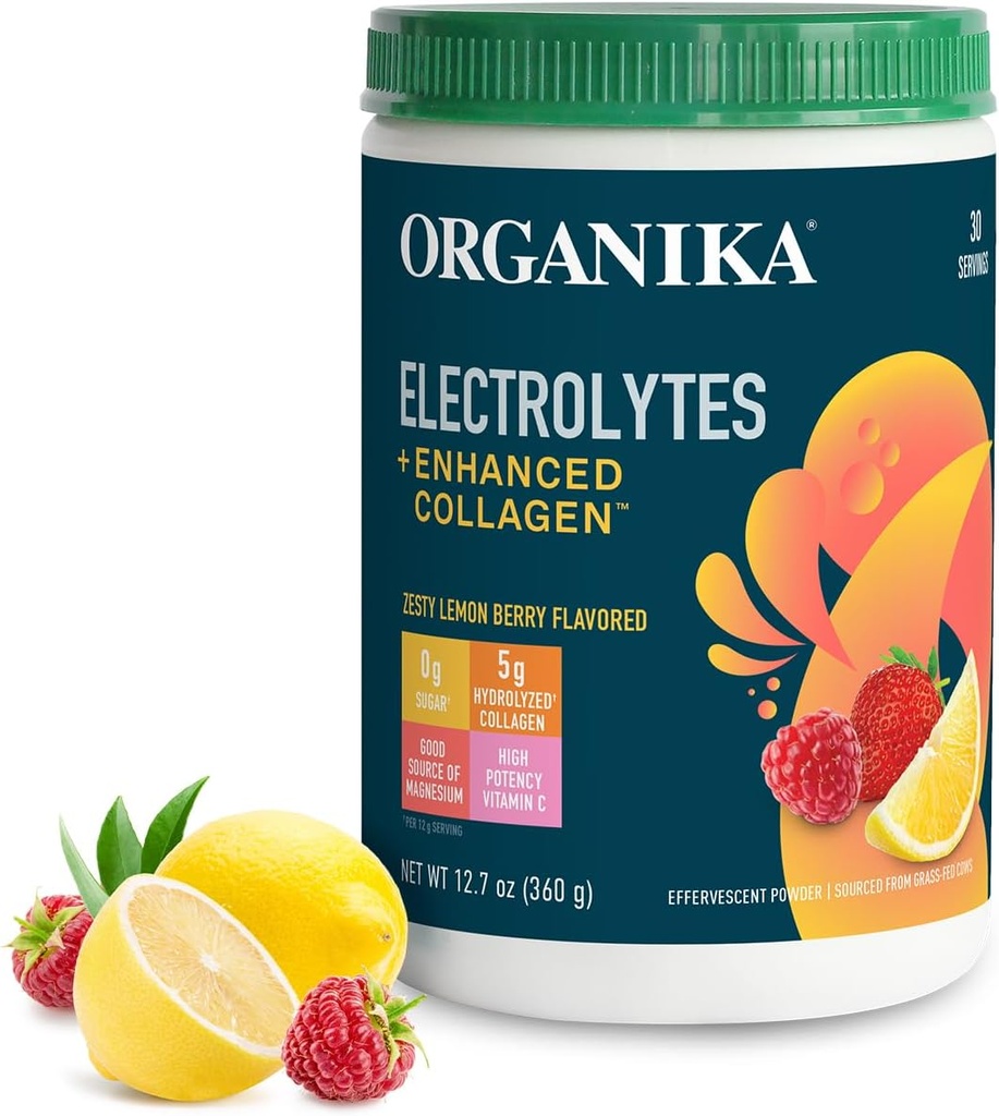 Organikа elektrolüüdid tõhustatud kollageeni pulbriga naistele ja meestele - 13 oz - Zesty Sidrun Marjamaitseline kihisev elektrolüüt ja kollageenijoogi segu - sügav hüdraat, liikuvus, nahk, juuksed ja küüned