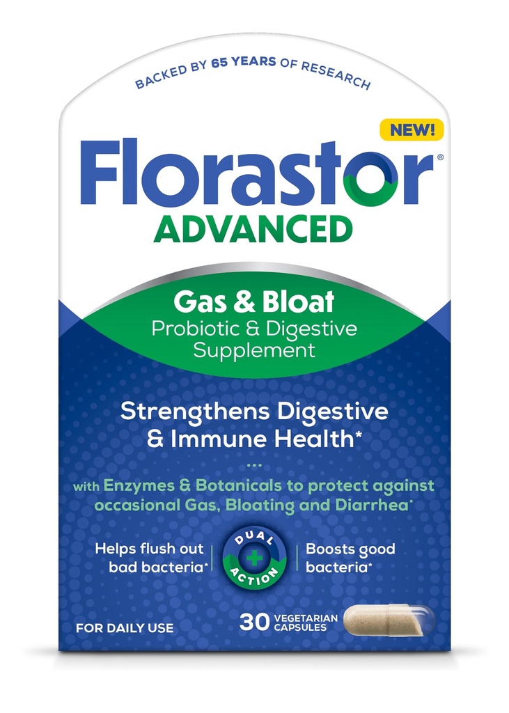 Florastor Advanced Gas and Bloat Probiootikum, Seedeensüümid ja botaanika, Plus Probiootikumid Seedetrakti Tervis, 30 kapslit