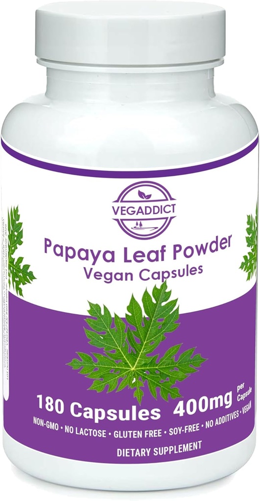 Papaia lehepulber | 340 mg kapslid | etükaalselt hangitud | trombotsüütide tugi | Gluteeni- ja laktoosivaba | Sojavaba | Ei lisaaineid | Mitte-GMO | Vegan | Toitumislisand | Toidulisand (180X)