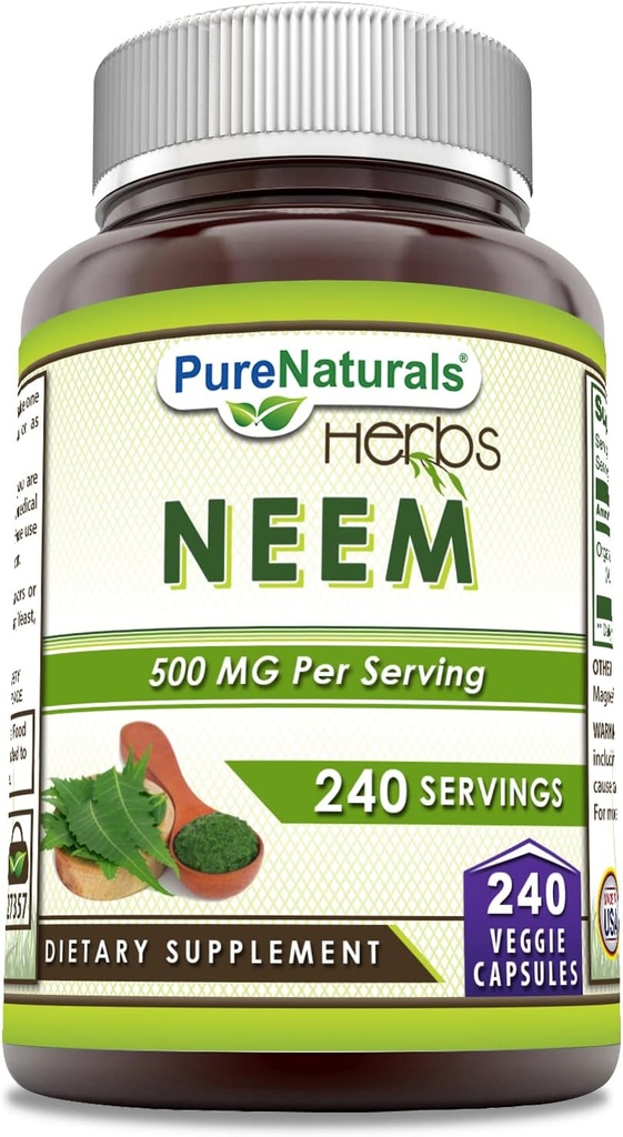 Pure Naturals Neem (Made with Natural Neem Leaf) | 500 Mg per Serving 240 Veggie Capsules Supplement | Non-GMO | Gluteenivaba | Made in USA | Ideaalne taimetoitlastele