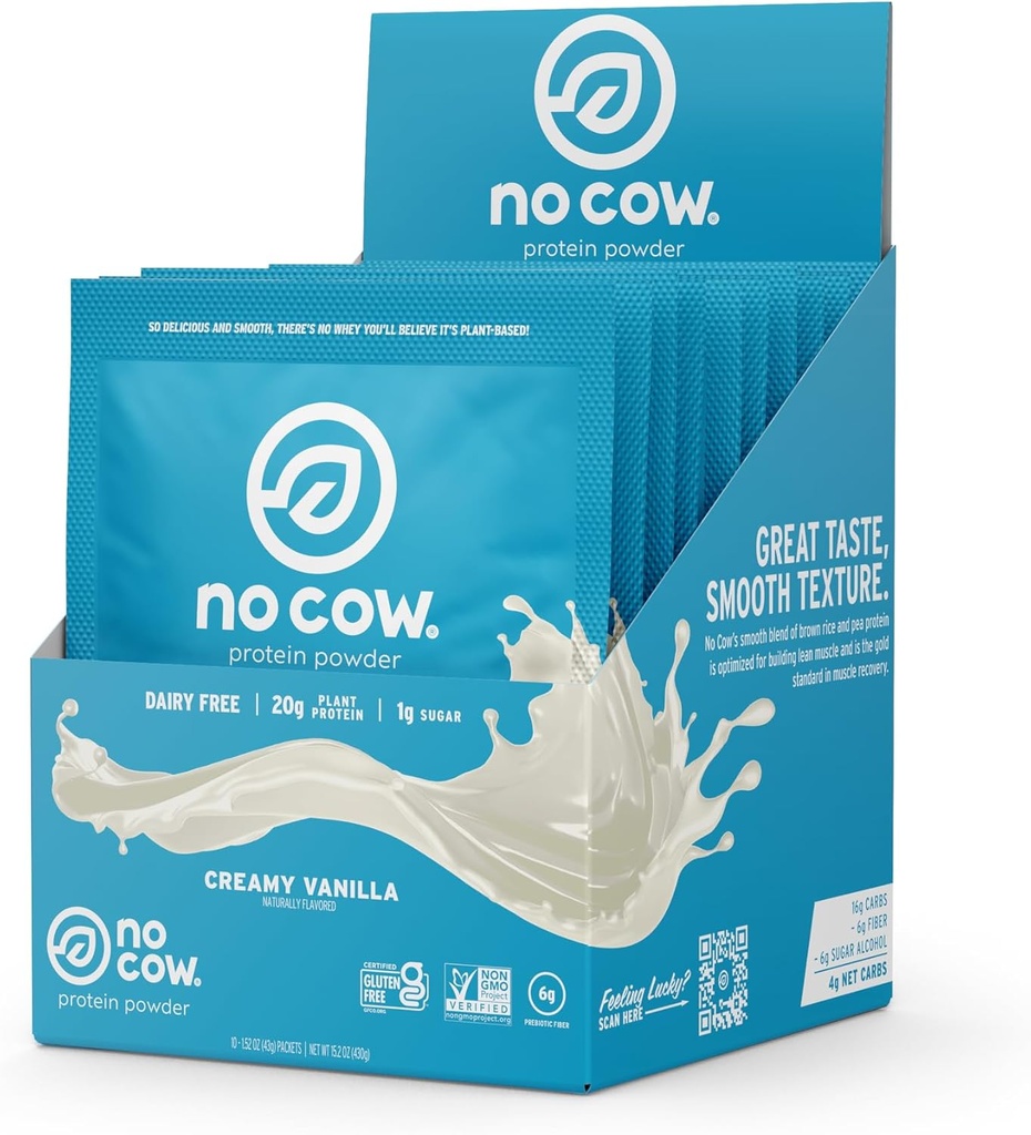 No Cow Vegan Protein Powder, Vanilla, 20g Taimne Valk, Ühe Servi Pakendid, Piimavaba, Sojavaba, Ei Suhkru Lisatud, Keto Sõbralik, Gluteenivaba, Looduslikult Magustatud, Non GMO, Kosher, 10 Count