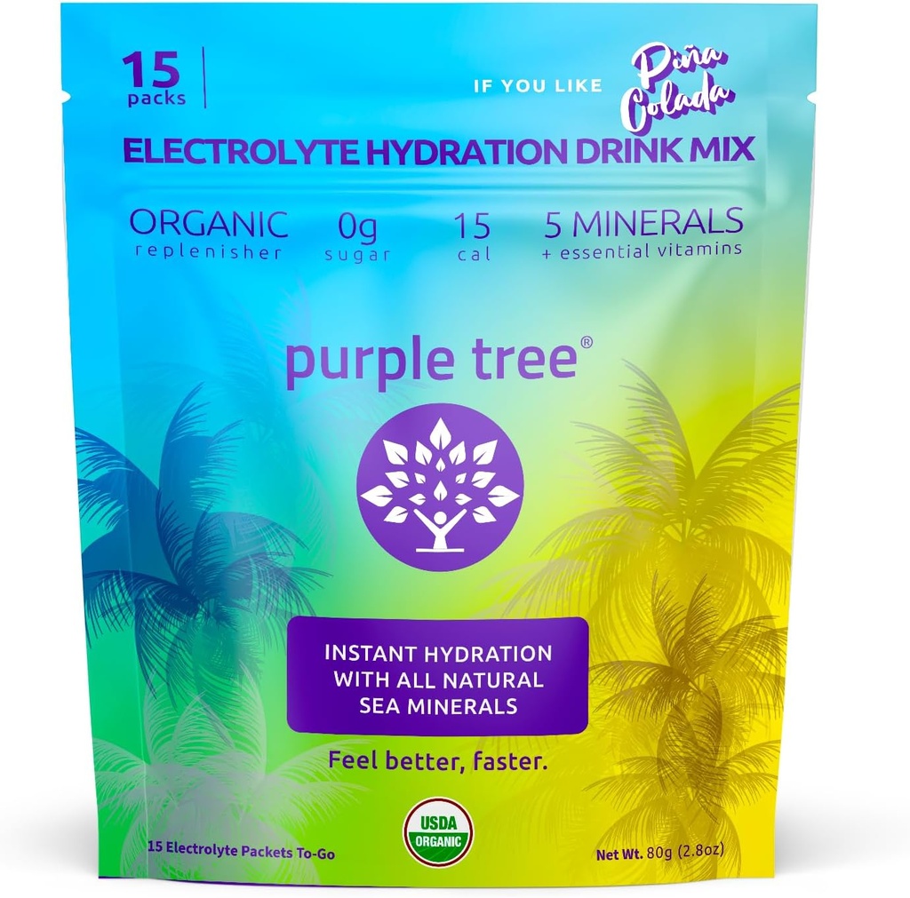Purple Tree Organic Electrolyte Hydration Packets – Pina Colada Maitse, Sugar-Free Vedelik Hüdratsiooni Kangid Kiireks Rehüdratsiooniks, Daily Electrolyte Drink Mix dehüdratsiooni leevendamiseks, 15 To-Go Packs