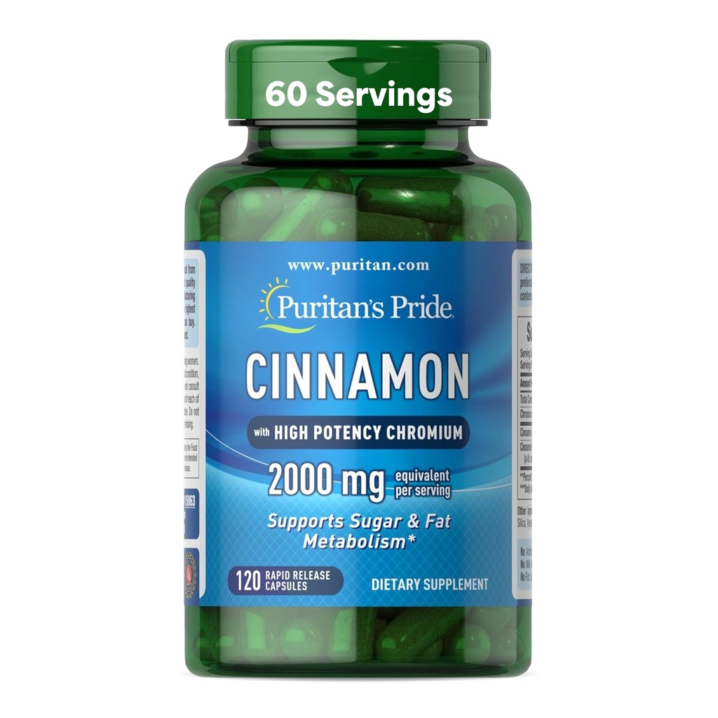 Puritan's Pride Cinnamon 875 mg (2000 mg ekvivalent) koos suure potentsiga kroomiga, toetab suhkrut, rasva ja tervislikku toitainete ainevahetust, rakuenergiat, 2 kuud tarnimist, 120 kiirvabastuskapslit