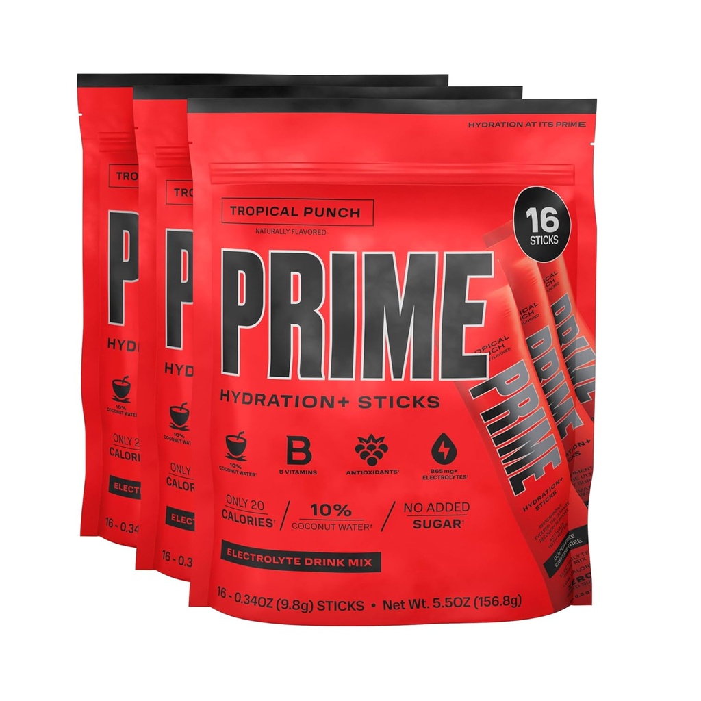 PRIME HYDRATION+ Pulgad Troopiline Punch | Hüdratsiooni Pulber Ühekordse Serviga Pulgad | Elektrolüütide Pulber Go | 250mg BCAA-d, B-vitamiinid, Antioksüdandid | Madal suhkur | Kofeiinivaba | Vegan | 48 Pulgad