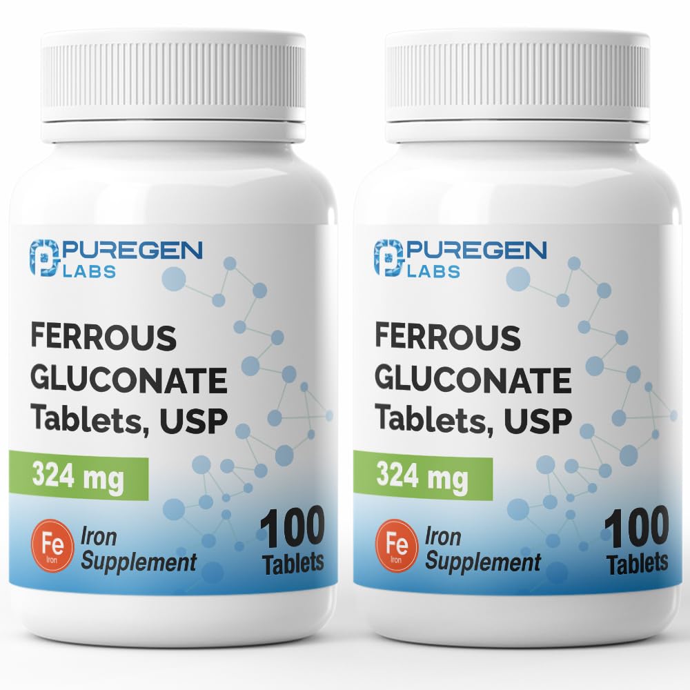 Puregen Labs Raudglükonaat 324 mg [suure tugevusega] Raualisand, õrn kõhul | 2 Pack - 200 tabletti Kokku