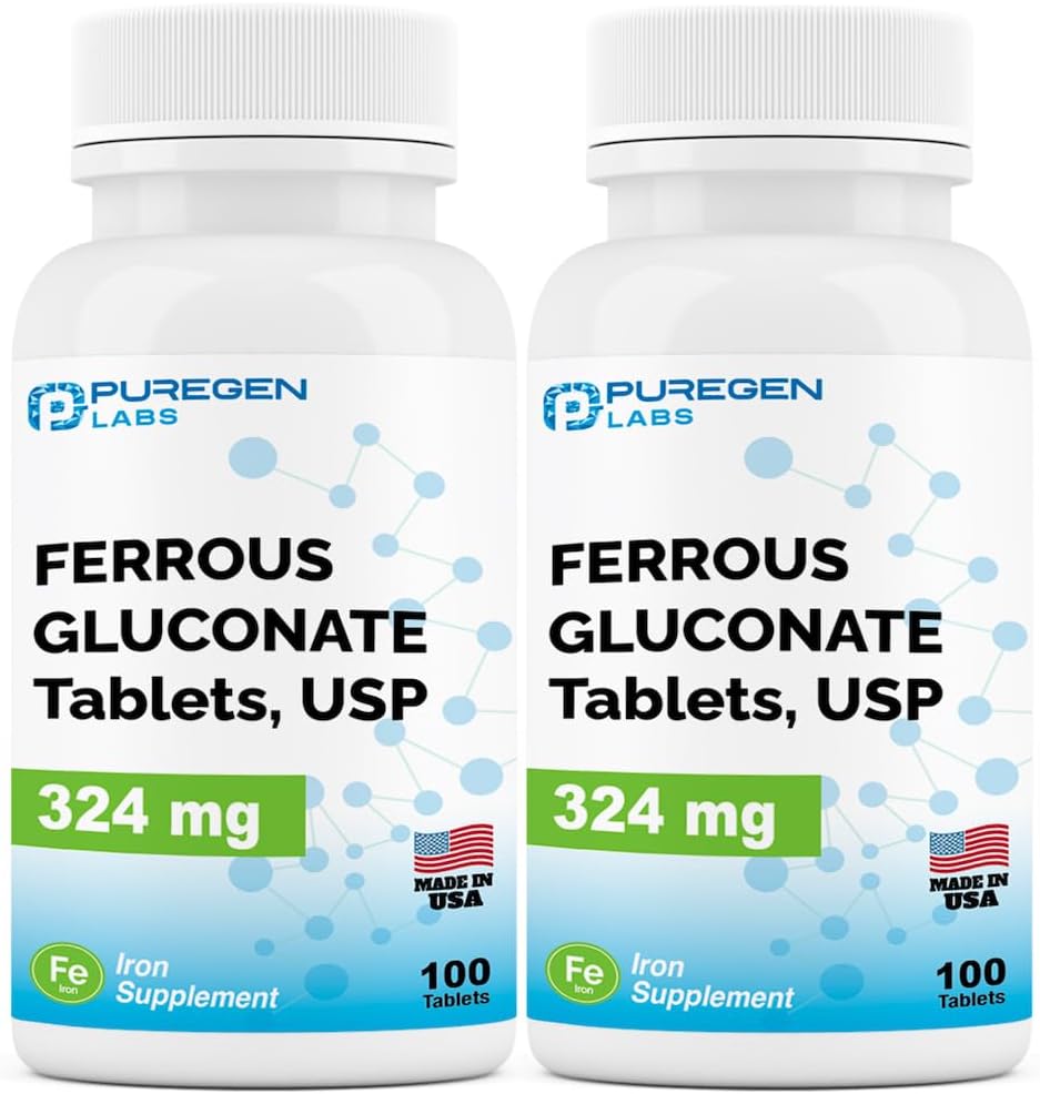 Puregen Labs Raudglükonaat 324 mg [suure tugevusega] Raualisand, õrn kõhul | 2 Pack - 200 tabletti Kokku
