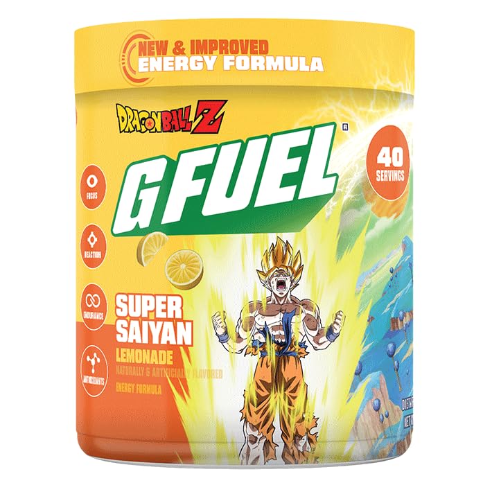 G Fuel Dragon Ball Z energiajoogi pulber, Pre Treening Kofeiinisegu hasartmängudeks, Sugar Free Focus Amino, Vitamiin + Antioksüdandid, 9,9oz (Lemonade, 40 Servings)
