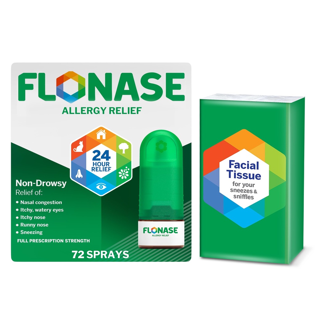 Flonase Allergia Relief Ninasprei, 24-tunnine mitte-uimane Multi-Sümptom Relief - 72 Sprays pluss Boonuspakk kudedes