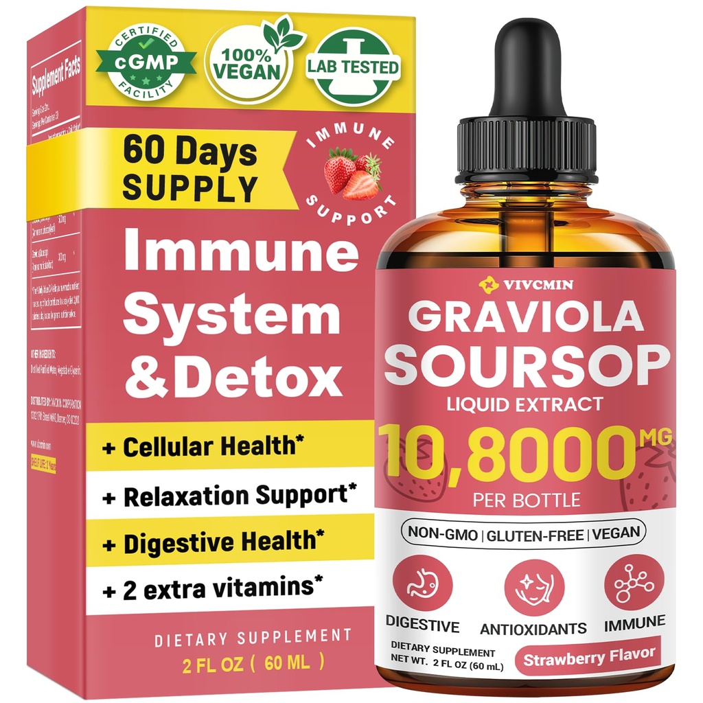 Graviola Soursop Leaf Extract Vedelik - Soursop Bitters Vedelik, Tugi Immuunsüsteem, Lõdvestu, Maks ja uni, suhkur ja alkoholivaba, Väga imenduv valem, Maasikamaitse, 2 Fl Oz