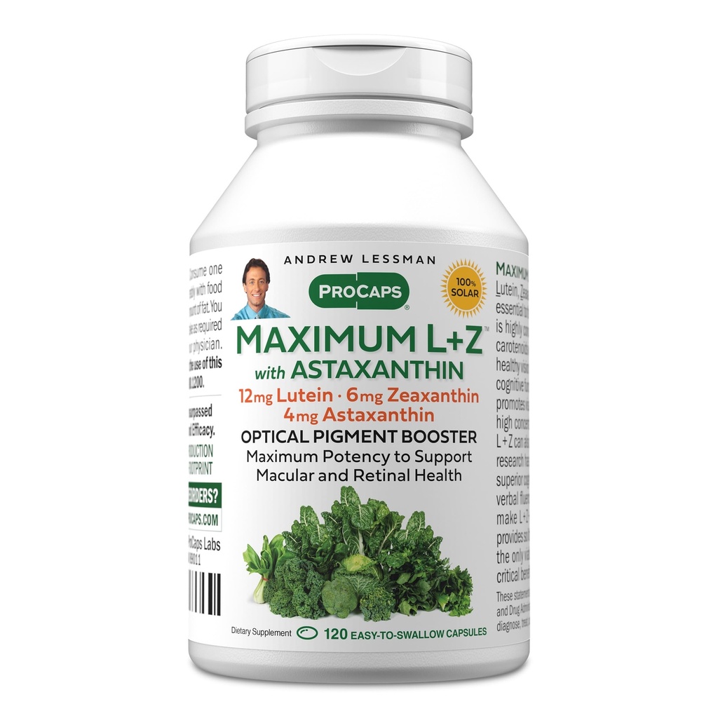 ANDREW LESSMAN Maksimaalne L + Z astaksantiiniga 120 Softgels - 12 mg luteiini, 6 mg Zeaksantiini, 4 mg astaksantiini. Peamised toitained silmade ja aju tervise toetamiseks ning tervisliku nägemise edendamiseks.
