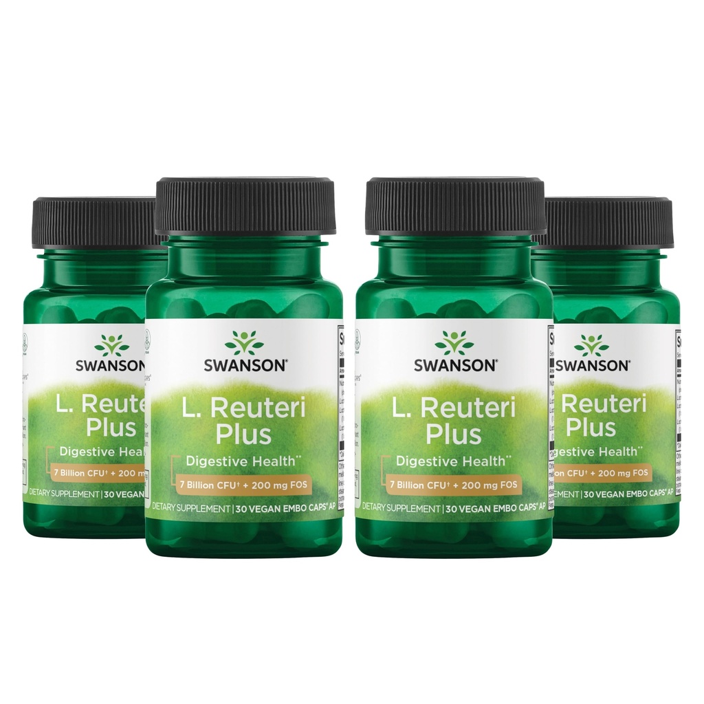Swanson L. Reuteri Probiotic Plus w/L. Rhamnosus L. Acidophilus & FOS Prebiootiline seedetrakti tugi - Soodustab soolestiku tervist w/ 7 miljardit CFUd kapsli kohta - (30 Veggie kapslit) (4 pakendit)