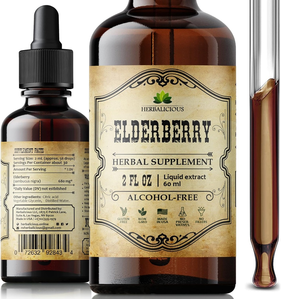 Orgaaniline Elderberry Extract - Natural Black Elderberry Taimne täiendus - Immune Boosters täiskasvanutele, seedetrakti ja südame tugi - Antioksüdandid, C-vitamiin ja kiudaineid - 2 oz Vedel meestele ja naistele